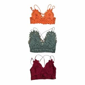 Three Lace Bralettes in Orange, Green, and Red lace hippi boho girly tank